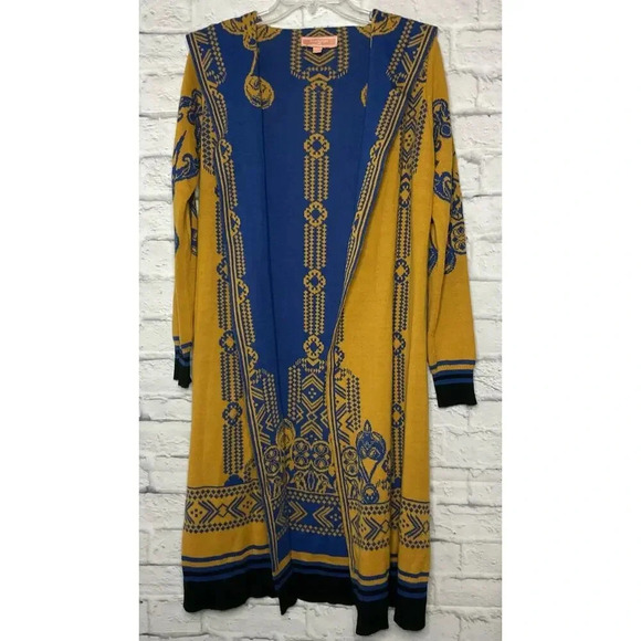 PeachPuff USA boho blue and yellow long open front duster cardigan size M - Picture 2 of 9